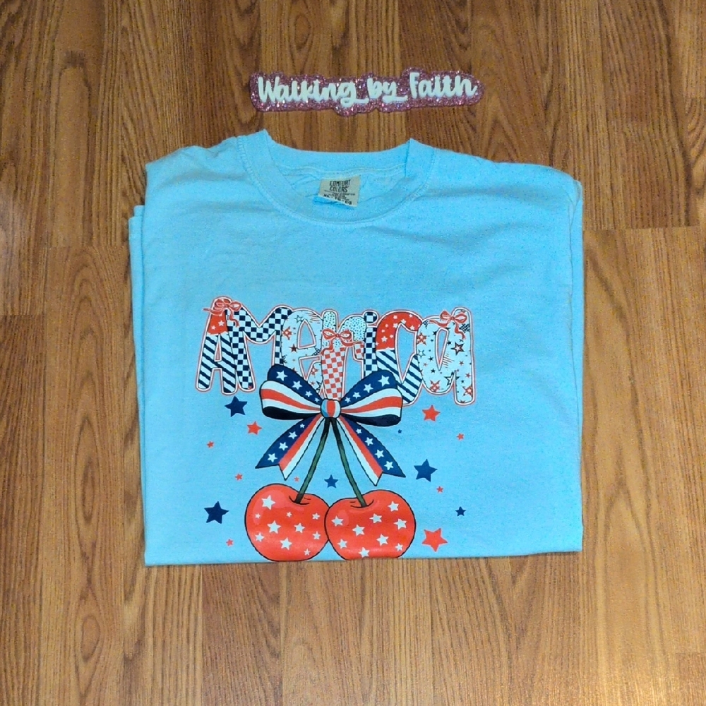 Light Blue Graphic T-Shirt with Cherry Design